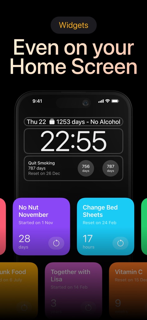 Days Since: Quit Habit Tracker - Users can stay informed with customizable home screen widgets, showcasing primary habit streaks and detailed individual counter durations without opening the app.