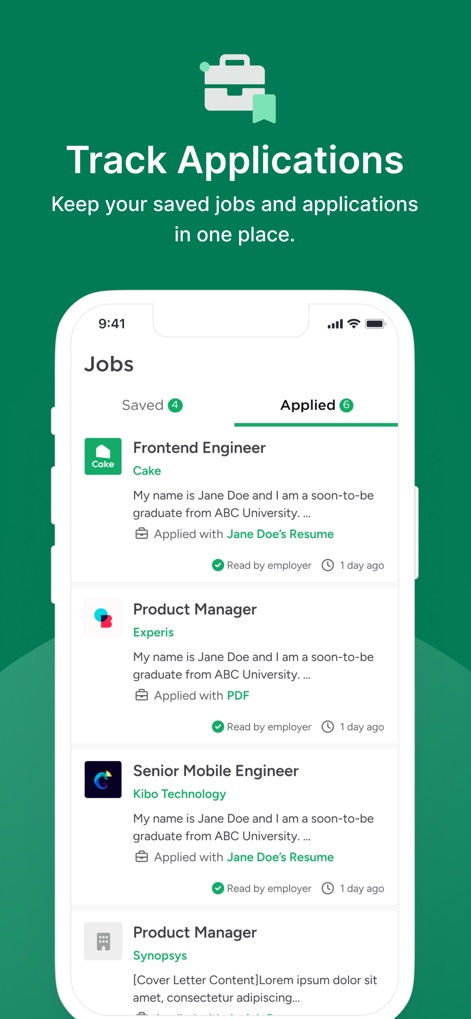 Cake: Job, Resume & Networking - The app helps users manage their job search by tracking both saved jobs and applied positions, showing application status and the specific resume used.
