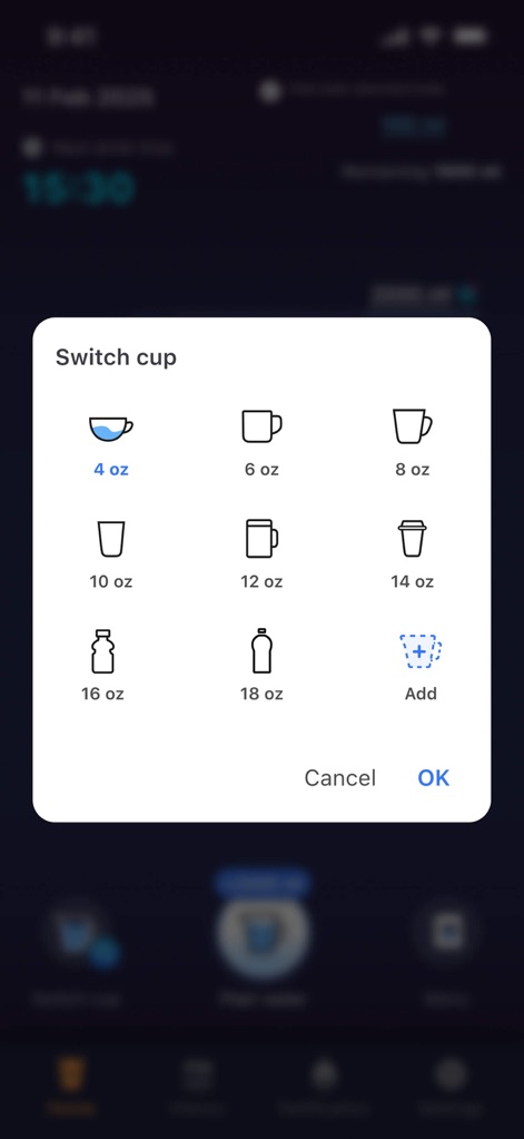 Drink water: Drinking reminder - The app offers flexible tracking by allowing users to choose from various predefined cup sizes and an 'Add' option for more personalized quantities.
