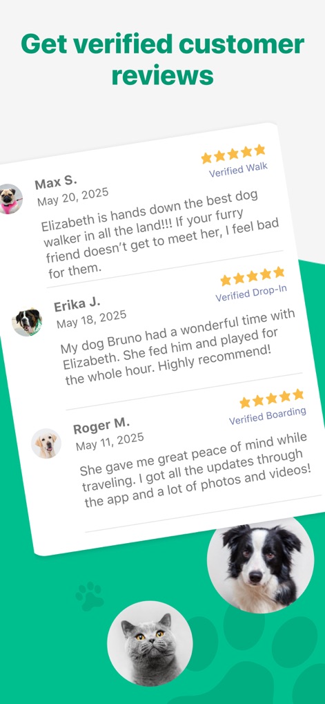 Wag! Pet Caregiver - Users can see how the platform showcases positive feedback, featuring detailed customer testimonials and a clear 'Verified Walk' tag for each service review.
