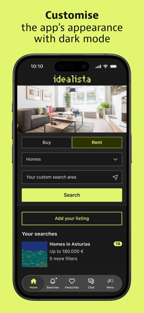 idealista - This tool offers a customizable experience, allowing users to switch to a sleek dark mode theme that seamlessly integrates with the familiar main search interface.