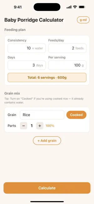 Baby Porridge Calculator screenshot 1
