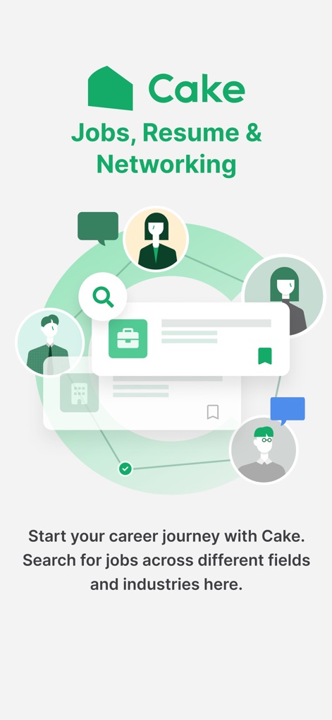 Cake: Job, Resume & Networking - This initial screen showcases the app's distinct branding with the Cake logo and an illustrative overview of the job search and networking features.