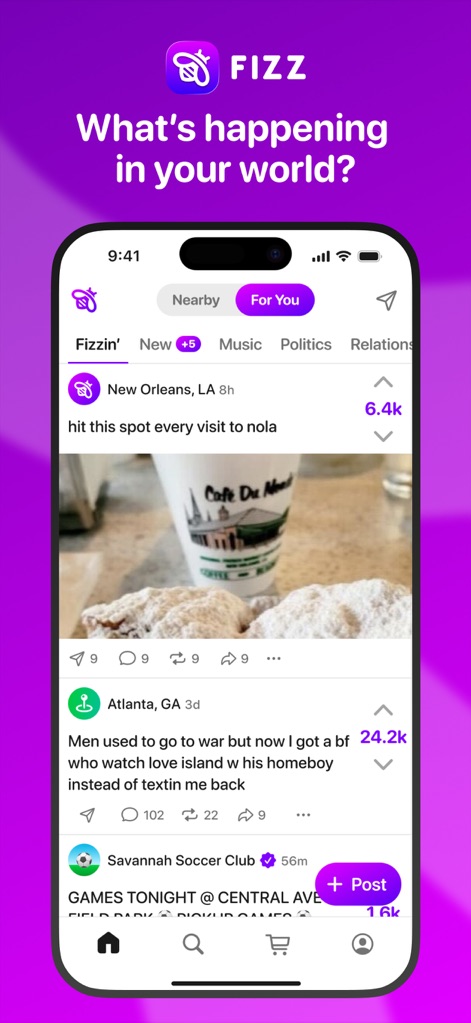 Fizz: Your Authentic Community - Explore a dynamic content feed, allowing users to switch between 'For You' and 'Nearby' tabs and discover trending posts with prominent upvote counts.