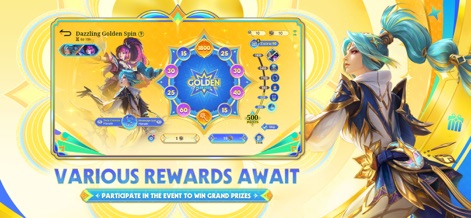 Mobile Legends: Bang Bang.US - This app showcases the engaging 'Dazzling Golden Spin' event interface, highlighting the prominent spin mechanic and exclusive hero rewards.