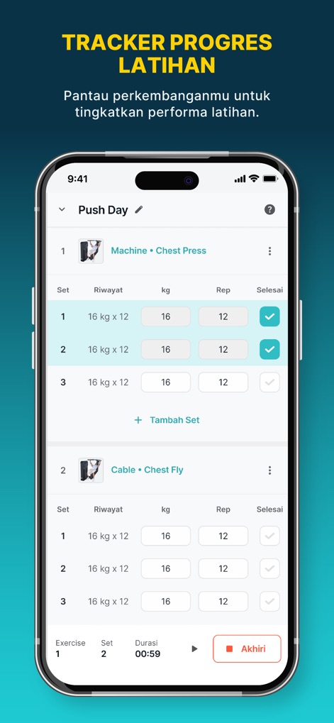 FIT HUB | Gym & Fitness App - Users can meticulously track their workout progress by logging sets, repetitions, and weight for each exercise, alongside monitoring the duration of their sessions for exercises like Chest Press.