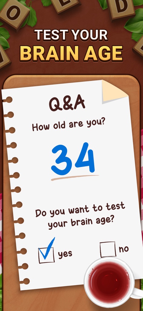 Woodber - Classic Number Game - La aplicación ofrece un divertido "test de edad cerebral" que se muestra con una hoja de "Q&A" y la opción de ingresar la edad, como el "34" visible.