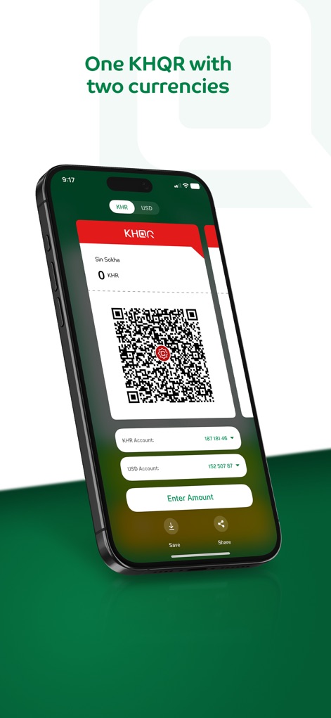 Amret - This tool simplifies payments with its dual-currency KHQR feature, allowing users to select between KHR and USD accounts and generate a scannable QR code for transactions.