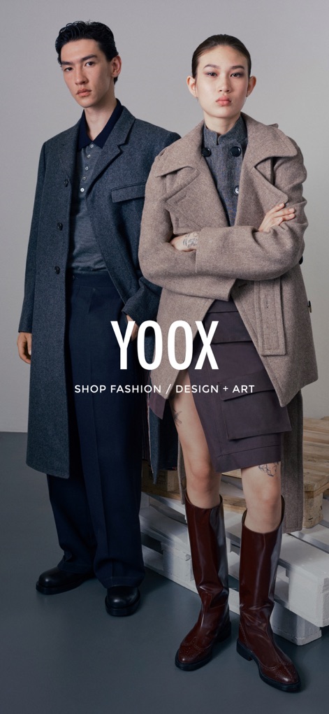 YOOX - ファッション、デザイン、アートを融合したYOOXのブランドアイデンティティと、最新のトレンドをまとったモデルの佇まいが特徴です。