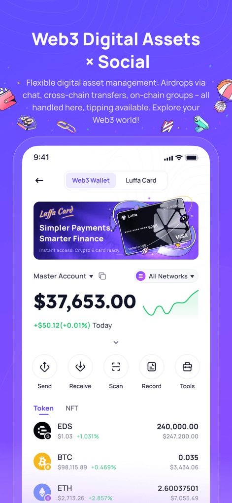 Luffa:Secure Encrypted Chat - The app provides comprehensive digital asset management, allowing users to view "Master Account" balances and manage various "Tokens" and "NFTs" securely.