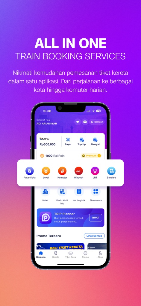 Access by KAI - Users can explore a comprehensive suite of train booking services, clearly displaying options for Intercity and LRT trains, alongside the integrated Trip Planner.