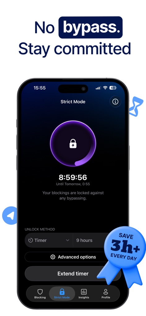 AppBlock: Block Apps & Website - 厳格モードでは、ユーザーは設定された残り時間（8時間59分56秒）の間、ブロックの解除ができないようロックされ、解除方法を「タイマー」または「高度なオプション」から選択できます。