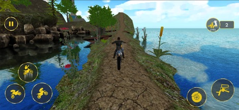 Bike Stunt 3d: Racing Games 3D - L'app offre un gameplay su terreni impegnativi, come sentieri stretti che si snodano sull'acqua e circondati da una ricca vegetazione, testando l'abilità del giocatore.