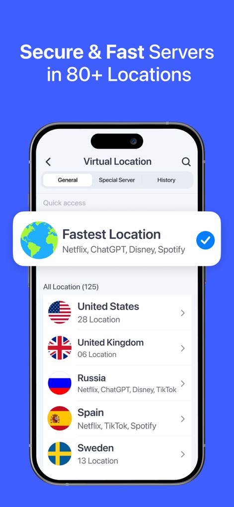 VPN for iPhone · - Los usuarios pueden explorar una extensa lista de países como Estados Unidos y España para elegir su ubicación virtual, o seleccionar la "Fastest Location" para una conexión instantánea y eficiente.