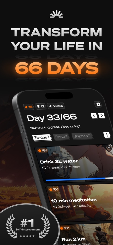 Life Reset: 66 Day Habit - Explore the core daily habit tracking interface, featuring a clear "Day X/66" progress indicator and actionable "To-dos" habit cards.