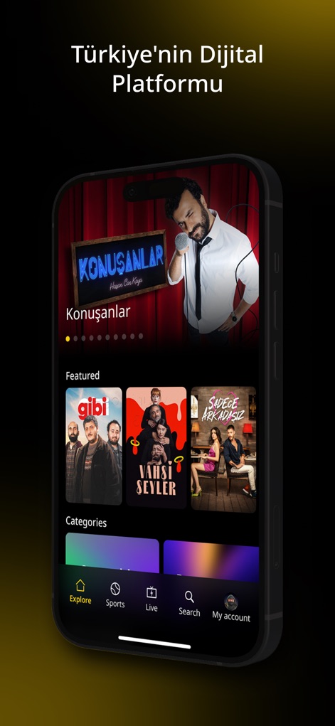 Exxen - Explore Exxen's inviting homepage, featuring a dynamic carousel of trending shows and an accessible bottom navigation menu for effortless exploration.