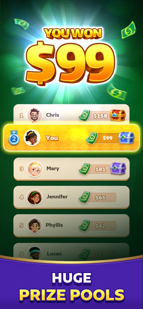 Solitaire Clash: Win Real Cash - This screen celebrates user victories with a prominent 'YOU WON' notification displaying the prize amount, alongside a dynamic leaderboard showcasing diverse player rankings and winnings.