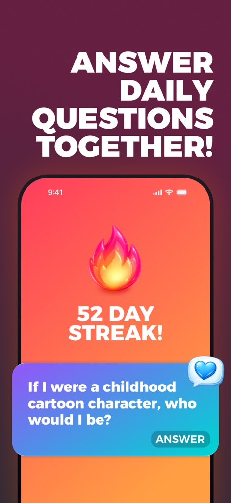 Lovio - Couples App & Widgets - Explore the daily interaction feature, highlighting the "52 Day Streak" counter for consistent engagement and a thought-provoking question like "If I were a childhood cartoon character..." to spark conversation.