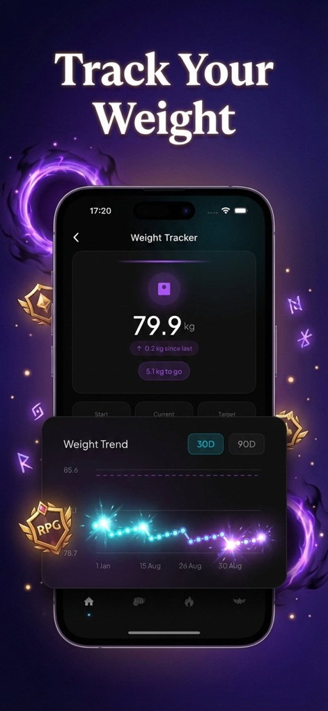 GymLevels: Ranked Gym Workouts - Examine the intuitive weight tracker interface, which displays current weight and offers a visual 'Weight Trend' graph for long-term progress.