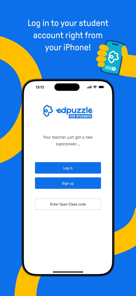 Edpuzzle - The app offers intuitive "Log In" and "Sign up" options, alongside an "Enter Open Class code" feature for seamless student onboarding.