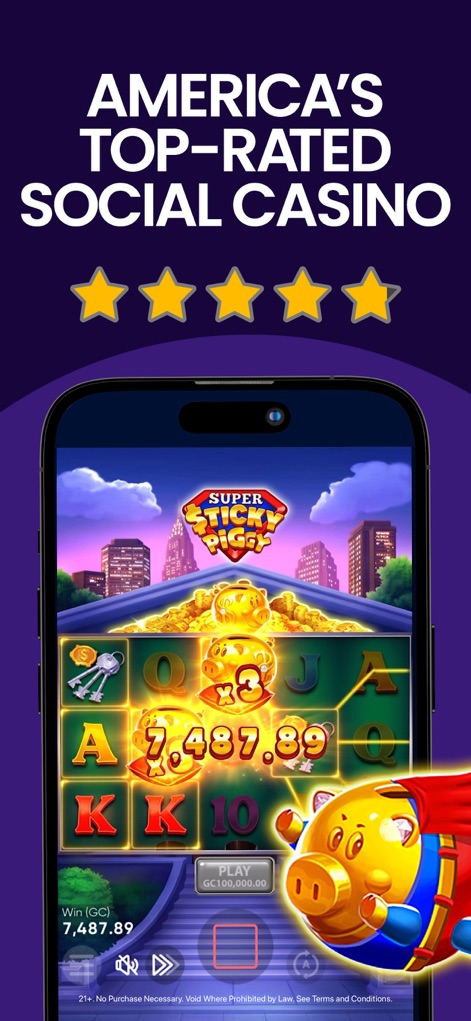 Modo Casino Slots & Games - The app showcases premier slot action with engaging games like 'Super Sticky Piggy' and thrilling displayed winnings.