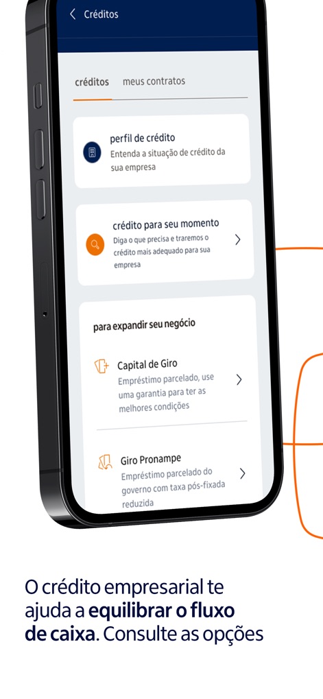 Itaú Empresas: Conta PJ - The app details various business credit solutions, including "Working Capital" and "Giro Pronampe", designed to support entrepreneurial expansion.