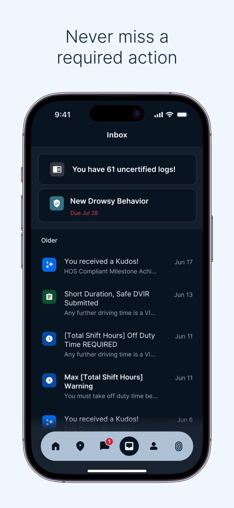 Samsara Driver - La bandeja de entrada centraliza notificaciones importantes, como '61 uncertified logs' y avisos sobre 'New Drowsy Behavior'.