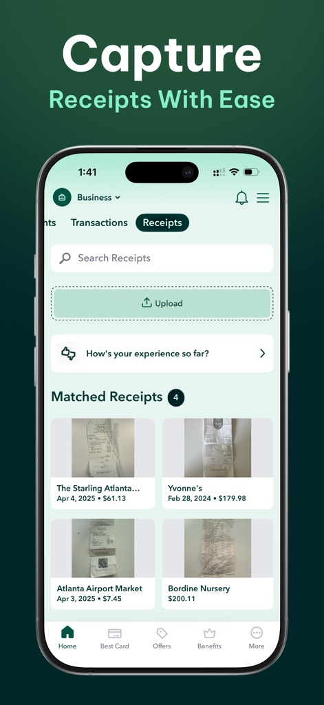 MaxRewards: Rewards & Cashback - The app allows for easy "Upload" of receipts and displays "Matched Receipts," visually showing scanned items like "The Starling Atlanta" and "Yvonne's."