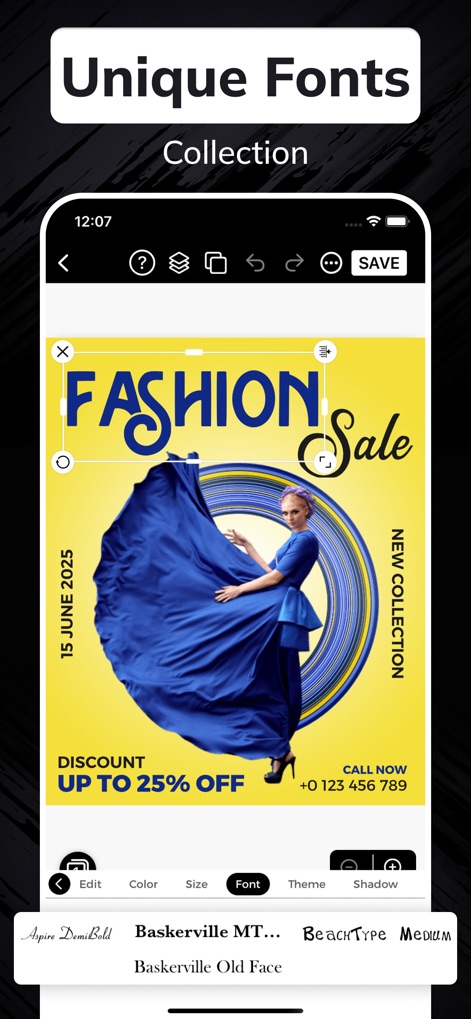 Flyer Maker + Poster Maker - La aplicación ofrece una 'Unique Fonts Collection' con opciones como 'Aspire DemiBold' y 'Baskerville MT...', permitiendo a los usuarios seleccionar la tipografía perfecta para sus creaciones.