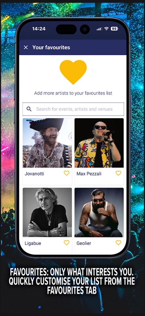 TicketOne: Tickets for Events - Cet écran permet de personnaliser les artistes favoris grâce à une barre de recherche dédiée et une grille visuelle des profils d'artistes pour une sélection aisée.