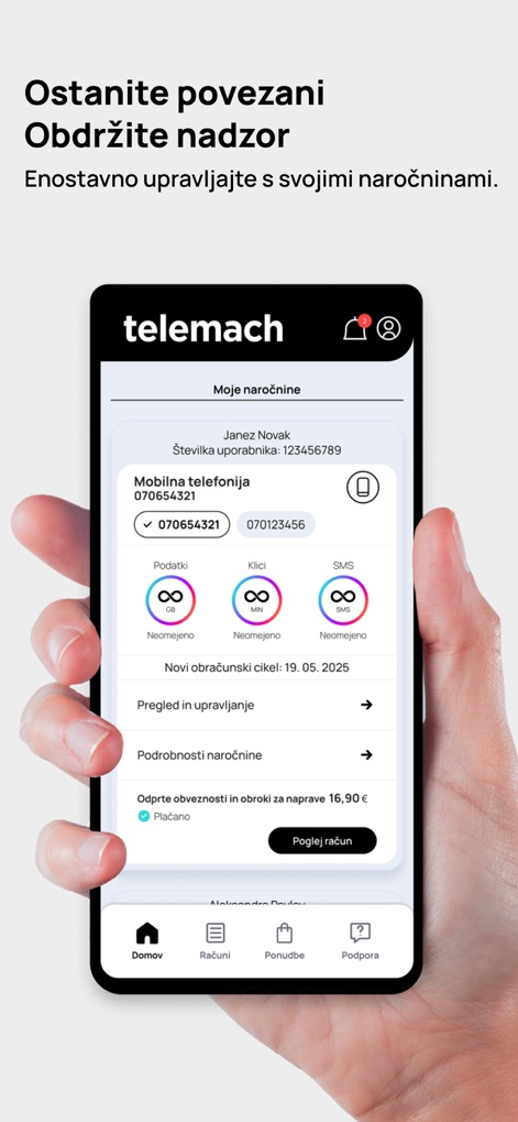 Telemach Slovenija - This tool provides a clear overview of subscription details, showcasing unlimited data/calls/SMS indicators and offering easy-to-access bill information.