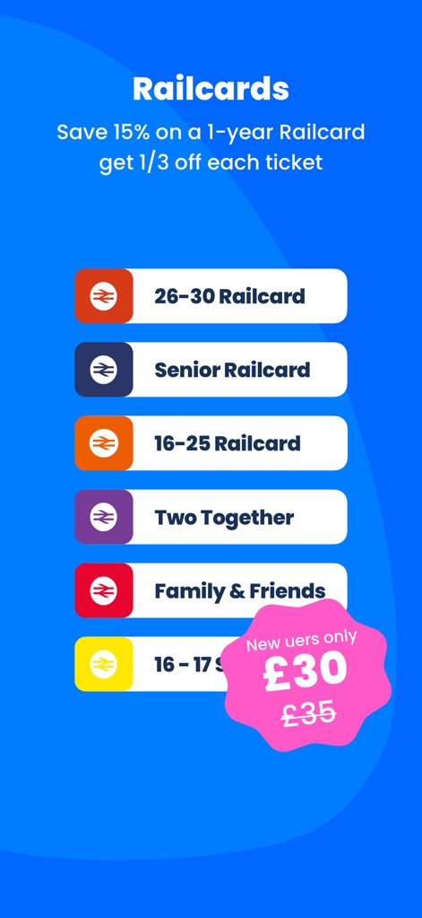 TrainPal: UK& EU train tickets - Nutzer können die breite Auswahl an verfügbaren Railcards, wie die '26-30 Railcard' oder die 'Senior Railcard', übersichtlich einsehen und von speziellen Angeboten für Neukunden profitieren, die prominent angezeigt werden.