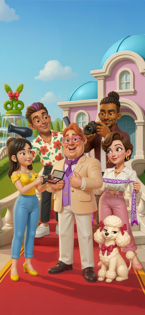 Glow Tales: Merge & Makeover - La aplicación presenta a su diverso elenco de cinco personajes principales posando en una alfombra roja vibrante frente a un elegante edificio.