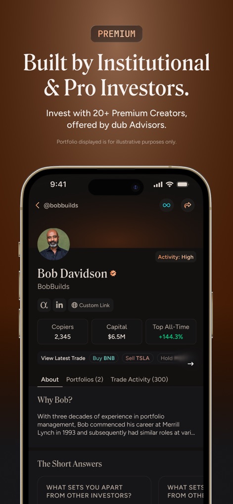 dub: Copy Real Investors - The app provides comprehensive investor profiles, detailing their 'Copiers' and 'Capital' managed, along with in-depth bios explaining their professional background.