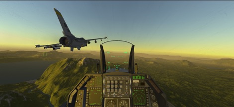 Armed Air Forces - Jet Fighter - Experimente la precisión del vuelo en formación junto a otra aeronave, sobre un paisaje expansivo que incluye montañas y cuerpos de agua bajo un cielo vibrante.