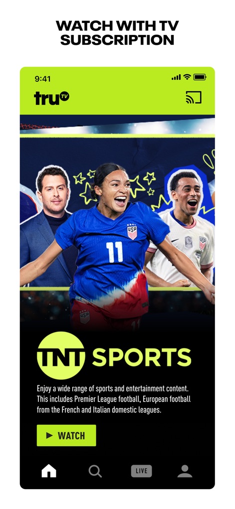 truTV - The app seamlessly integrates TNT SPORTS content, allowing users to dive into live matches with a prominent 'WATCH' button.