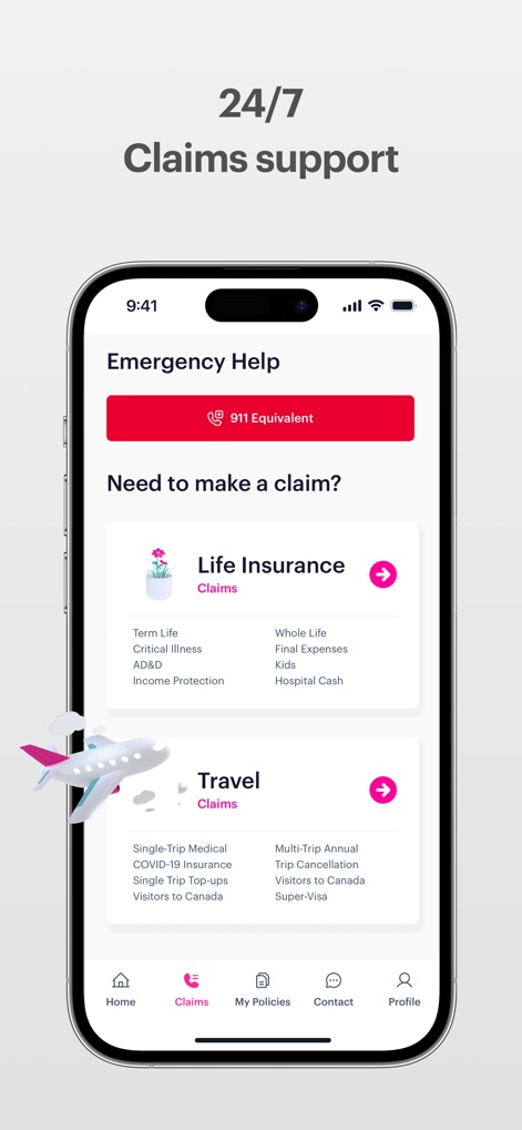 Goose Insurance - A tela de suporte a sinistros inclui um botão proeminente de "Emergency Help" com acesso ao "911 Equivalent" e categoriza claramente as opções de reivindicação para "Life Insurance Claims" e "Travel Claims".