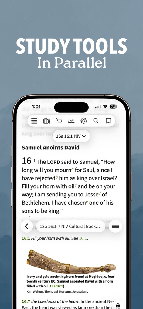 Bible App - Read & Study Daily - This tool offers parallel study notes and cultural background insights directly alongside the Bible text, enhancing comprehension of passages like 1 Samuel 16:1.