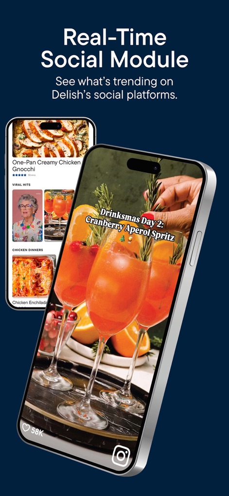 Delish: Original Fun Recipes - This feature displays trending social content directly within the app, demonstrating integration with platforms through a familiar social media interface.
