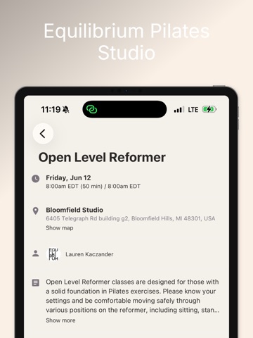Equilibrium Pilates Studio iPad screenshot