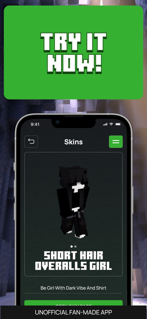 All MCPE Mods for Minecraft - The app provides a detailed preview of each skin, alongside a direct "Open Skin Page" button for immediate application to your character.