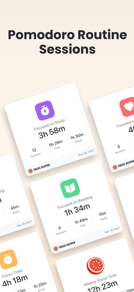 Focus Keeper - Pomodoro Timer - La herramienta presenta un historial de sesiones Pomodoro, donde se puede visualizar la duración total de enfoque y los tiempos de descanso registrados para cada actividad, como 'Focused on Study'.