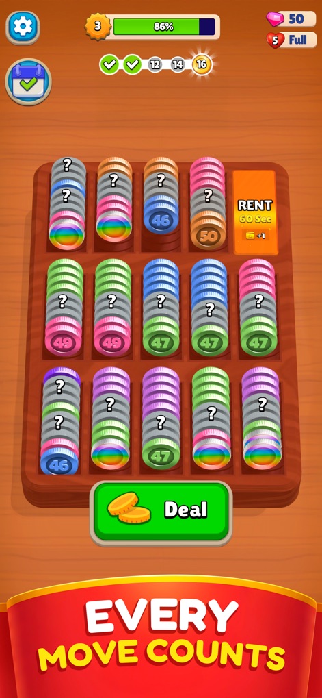 Pocket Sort: Coin Merge Puzzle - Discover new coin types, including hidden question mark coins, as users carefully plan each move to advance through levels.
