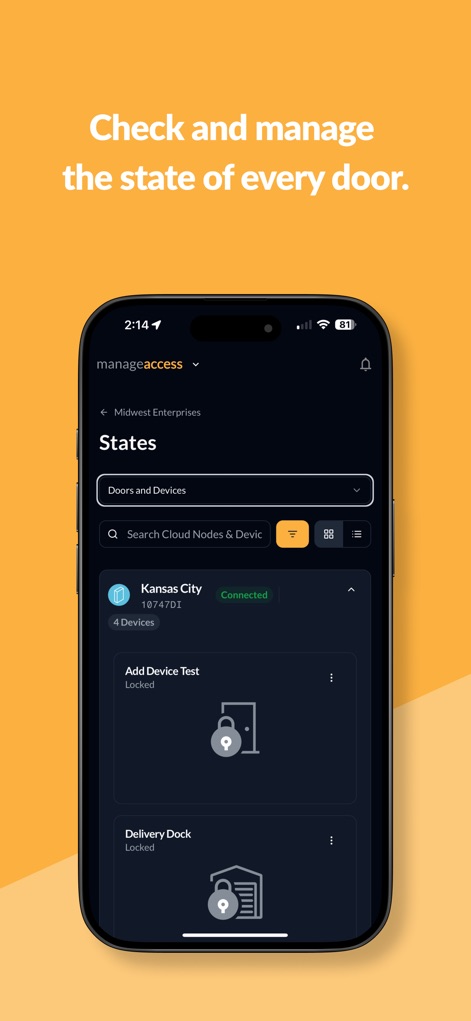 PDK Access by ProdataKey - 이 도구를 통해 관리자는 '잠금 상태' 아이콘으로 각 문의 실시간 보안 상태를 확인할 수 있으며, 편리한 '검색 및 필터' 기능으로 특정 장치를 빠르게 찾을 수 있습니다.