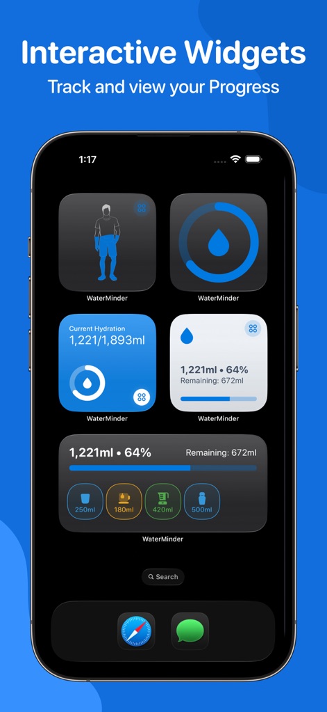 Water Tracker by WaterMinder® - Users can monitor their daily water tracker progress at a glance with multiple Home Screen and Lock Screen widgets, displaying current hydration percentage and remaining intake.