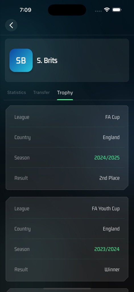 Huba Football - This feature showcases a player's trophy history, detailing competition names and the specific seasons of their achievements.