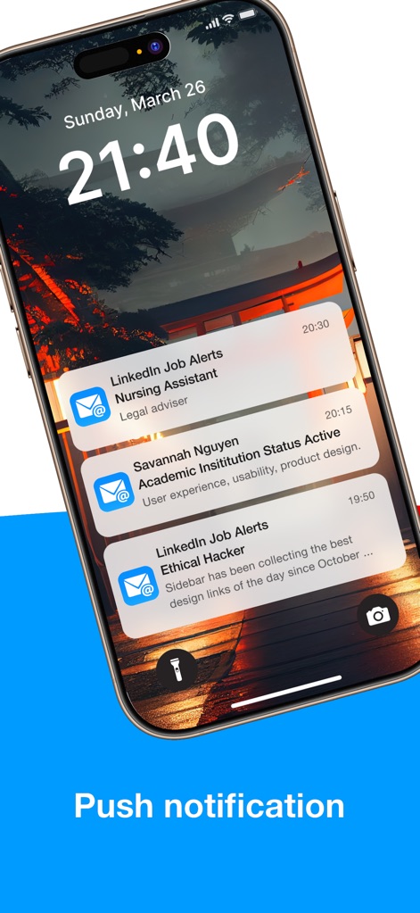 Email for Hotmail, Outlook - A imagem exibe a tela de bloqueio do dispositivo com múltiplos avisos de novas mensagens, cada um com o ícone do envelope do aplicativo e um breve resumo.