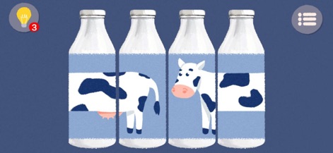Find Sort Match: Sorting Game - Discover engaging pattern-recognition tasks, where users align segmented images like the fragmented cow illustration across multiple milk bottles.