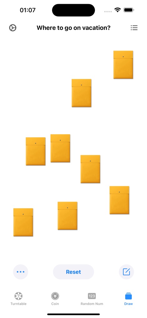 Spin The Wheel - Make Decision - Esta funcionalidade de sorteio apresenta vários envelopes amarelos espalhados pela tela, aguardando serem escolhidos para responder à pergunta 'Where to go on vacation?'.