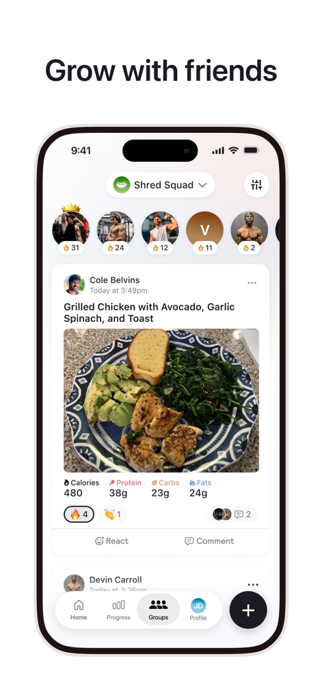 Cal AI - Calorie Tracker - La section "Groupes" permet aux utilisateurs de partager leurs repas et d'interagir, créant une communauté motivante autour de leurs objectifs.